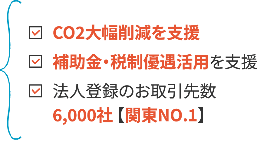 Scope1・2・3 対応。自社と協力会社にも、CO２を大幅削減。補助金・税制優遇活用を支援。法人登録のお取引先数6,000社 【関東NO.1】