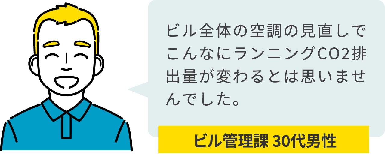 ビル管理課 30代男性：ビル全体の空調の見直しでこんなにランニングコストが変わるとは思いませんでした。