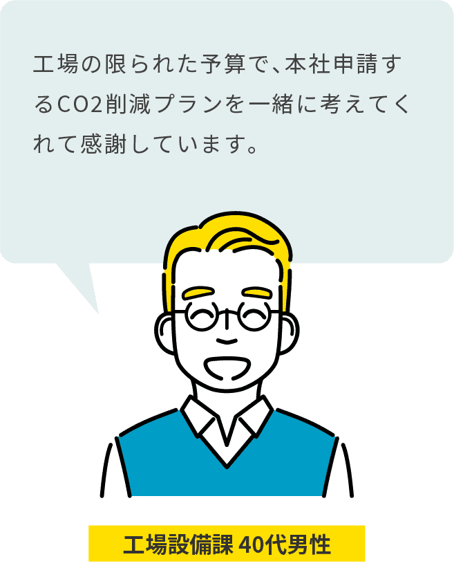 工場設備課 40代男性：工場の限られた予算で、本社申請するCO2削減プランを一緒に考えてくれて感謝しています。