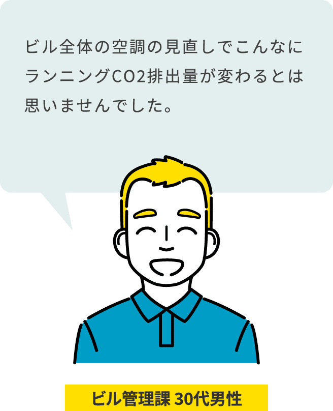 ビル管理課 30代男性：ビル全体の空調の見直しでこんなにランニングコストが変わるとは思いませんでした。